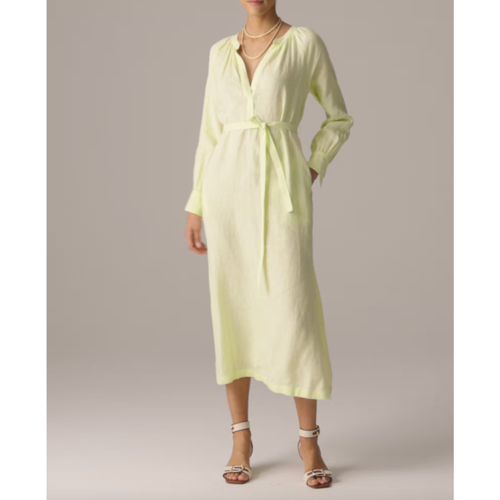 J.Crew Cabana Dress Linen Midi Long Sleeve Pale Flax Yellow Belted Small NWT - Picture 5 of 15